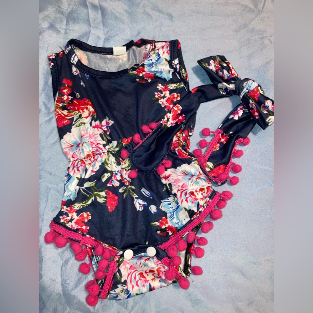 Sleeveless floral romper jumpsuit with headband